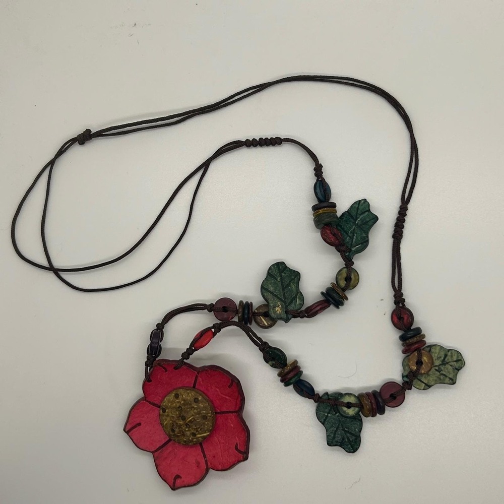 Handmade Wood Flower Pendant Necklace Red Green Leaf Beaded Cord Boho Tropical